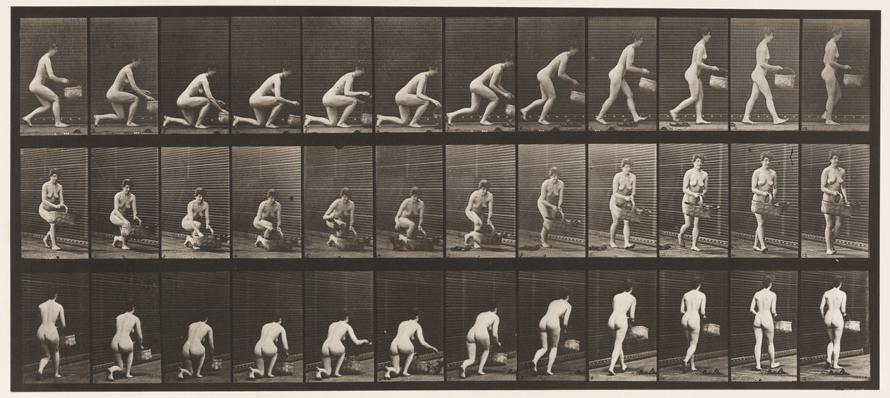 Kneeling on Left Knee, Basket in Left Hand, and Rising, 1872-1885 by Eadweard Muybridge