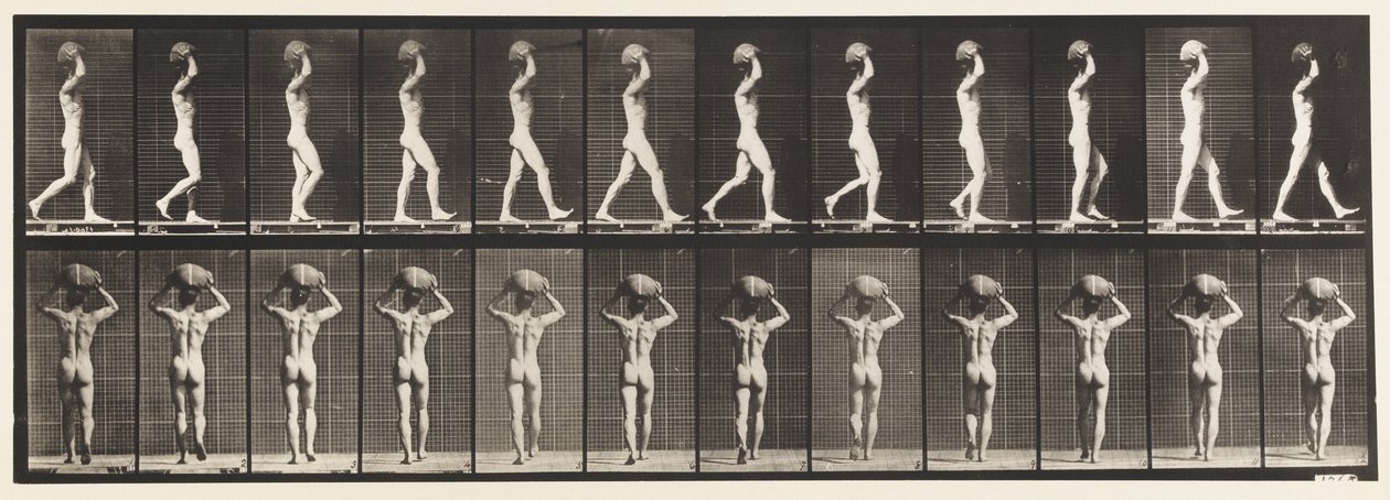 Walking, Carrying 70 lb. Stone on Head, Hands Raised by Eadweard Muybridge