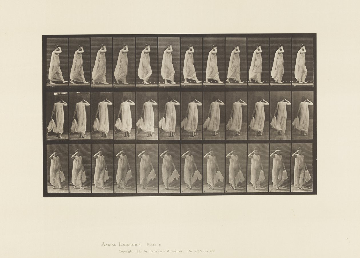 Walking, Left Hand Holding Dress, Right Hand at Face by Eadweard Muybridge
