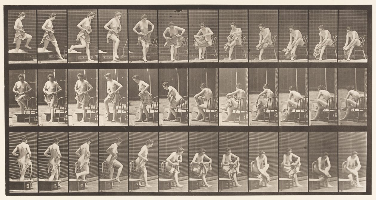 Plate 410. Stepping Out of Bath-Tub, Sitting Down, Wiping Feet by Eadweard Muybridge
