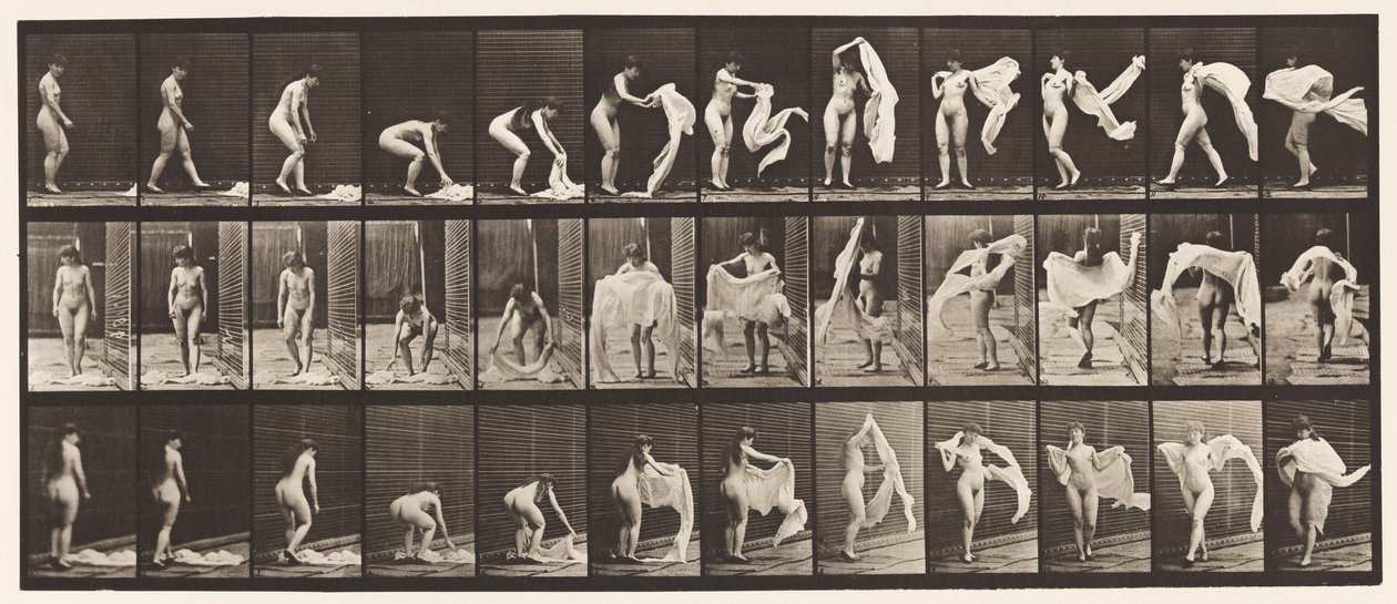 Plate 419. Toilet, Stooping, Throwing Wrap Around Shoulders by Eadweard Muybridge