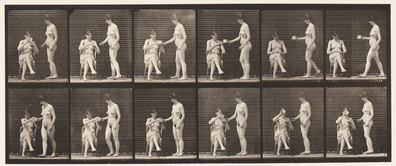 Plate 450. Two Models, 8 Brings Cup of Tea, 1 Takes Cup & Drinks by Eadweard Muybridge