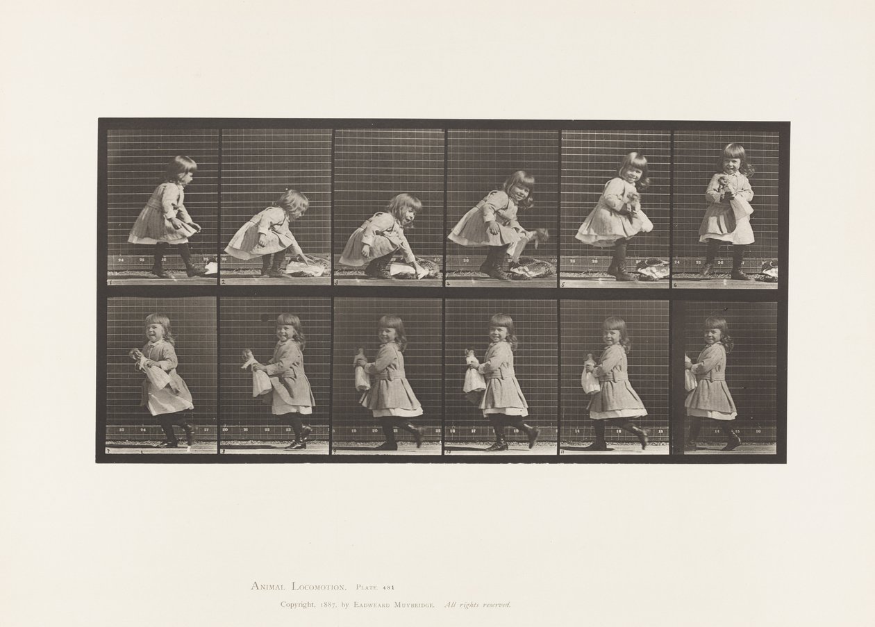 Child, Lifting a Doll, Turning, and Walking Off by Eadweard Muybridge