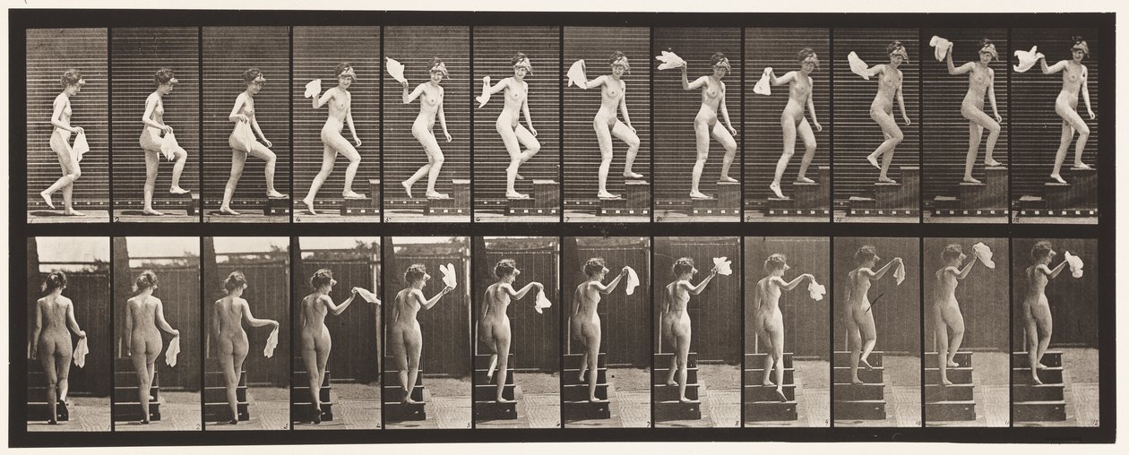 Plate 96. Ascending Stairs Looking Around; Waving Handkerchief by Eadweard Muybridge
