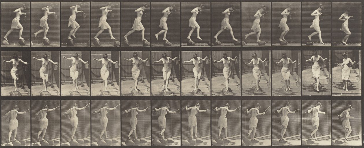 Crossing Brook on Stepping-Stones with a Fishing Pole and Can by Eadweard Muybridge