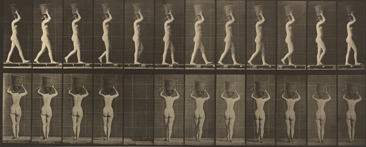 Walking and Carrying a 15-lb. Basket on Head, Hands Raised by Eadweard Muybridge