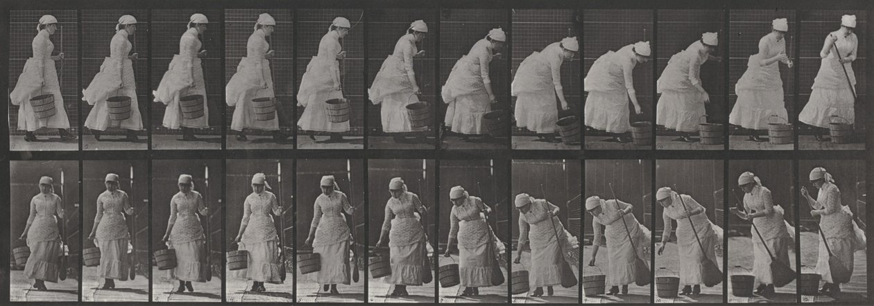 Plate Number 437. Setting Down a Bucket and Preparing to Sweep by Eadweard Muybridge