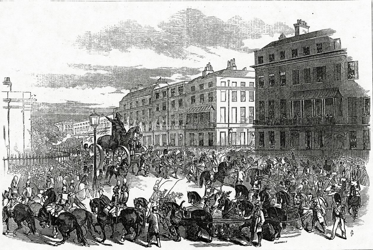 The Grand Procession of the Wellington Statue turning down Park Lane, published in the 