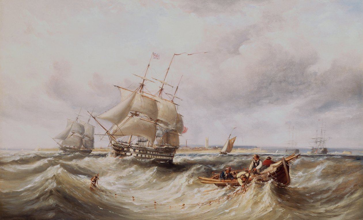 A Two Decker Leaving Port with Other Warships Anchored in the Roadstead by Ebenezer Colls