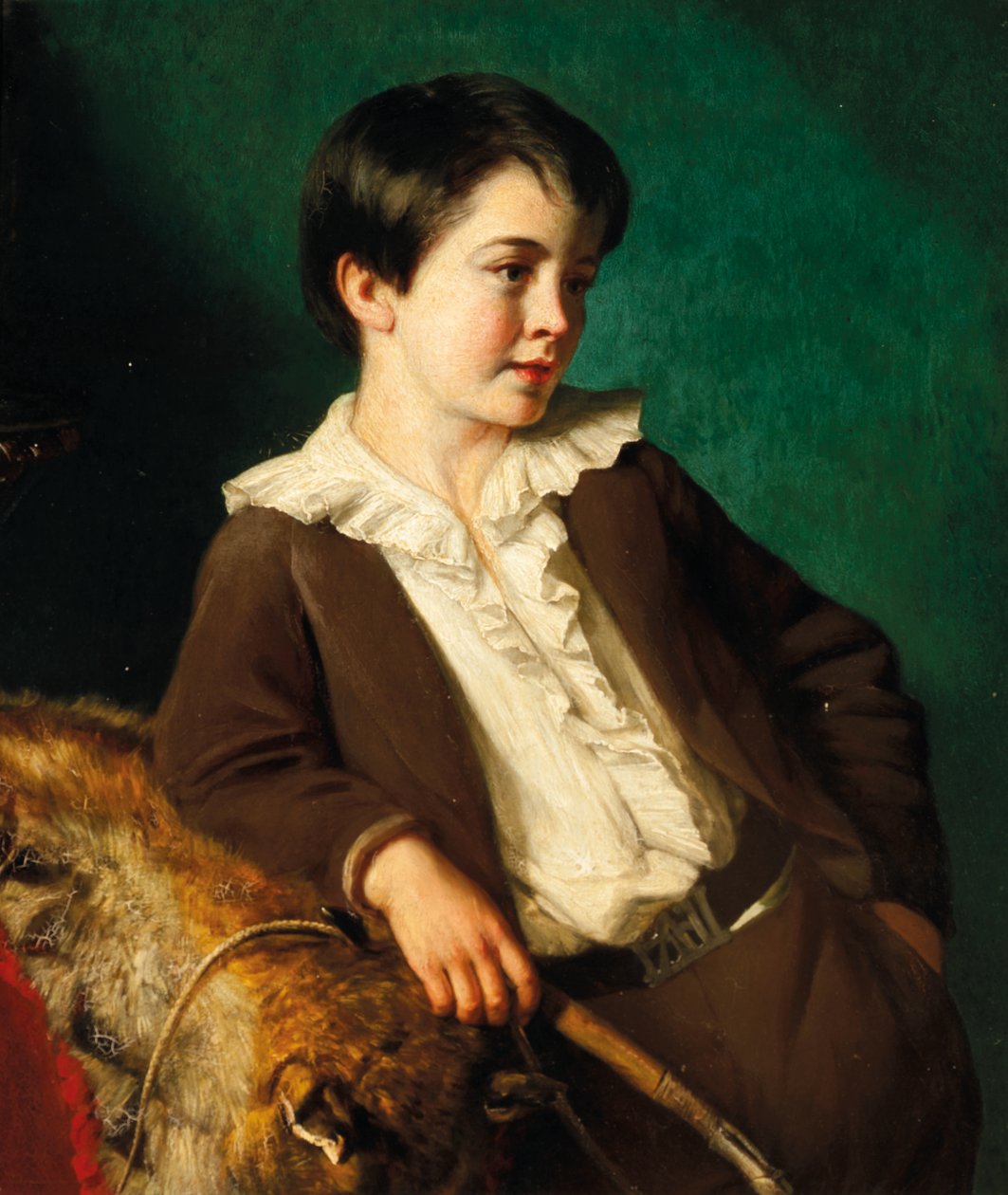 Portrait of Master John Lethbridge of Tregeare Manor, Launceston, Devon, Three-Quarter-Length, in a Brown Suit Holding a Whip, Leaning on an Animal Pelt by Eden Upton Eddis