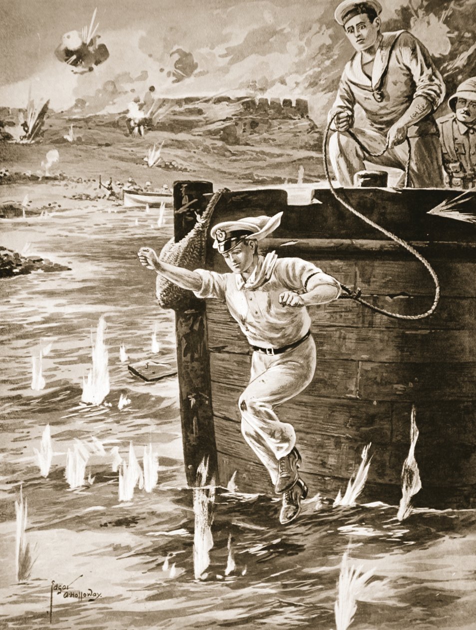 Midshipman Malleson Jumping with a Line from a Barge to Link Up Another Barge Which Was Drifting by Edgar Alfred Holloway