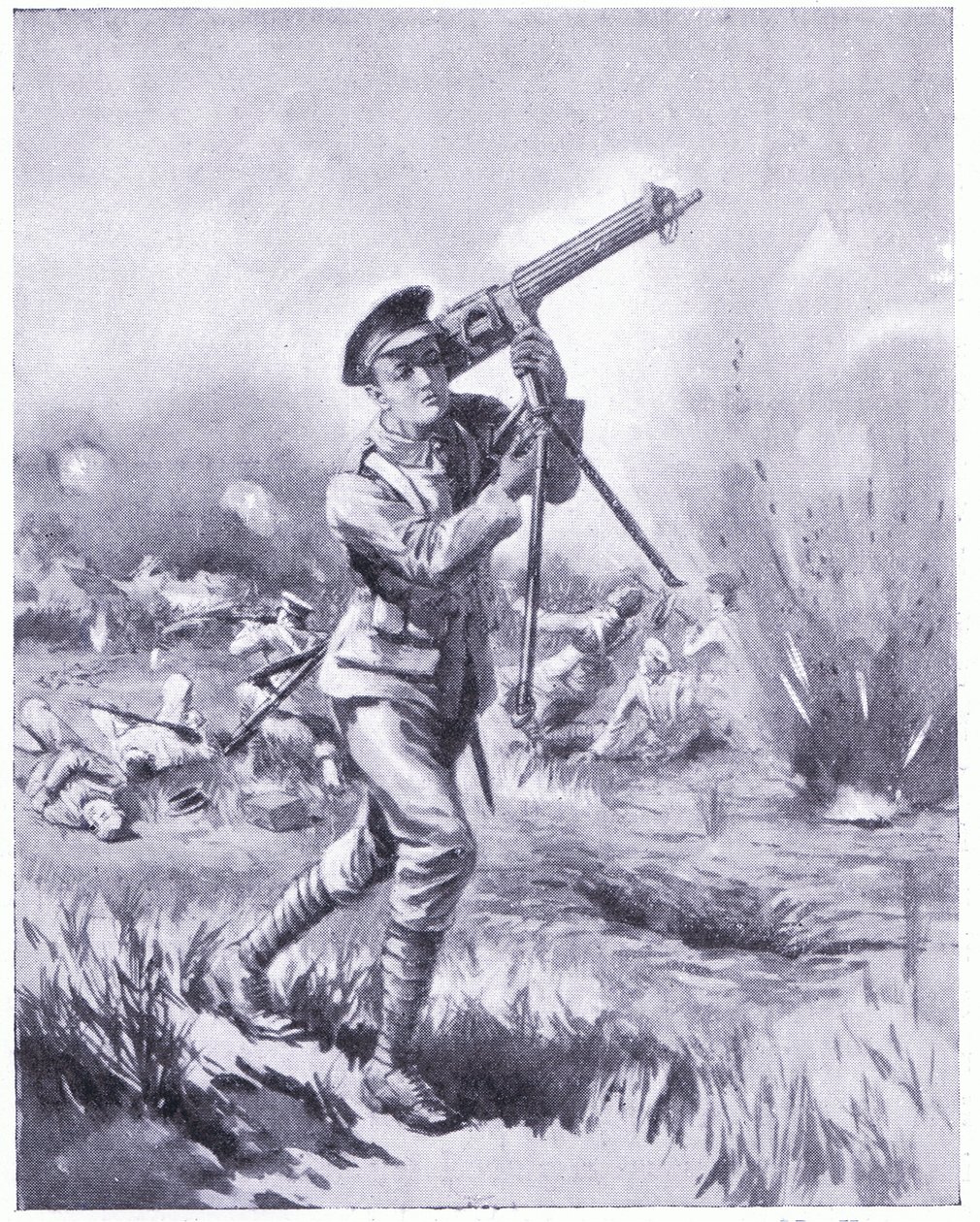 Private Lynn carrying away a machine gun for repair under heavy fire at the Battle of Aisne. Awarded DCM 1915 by Edgar Alfred Holloway