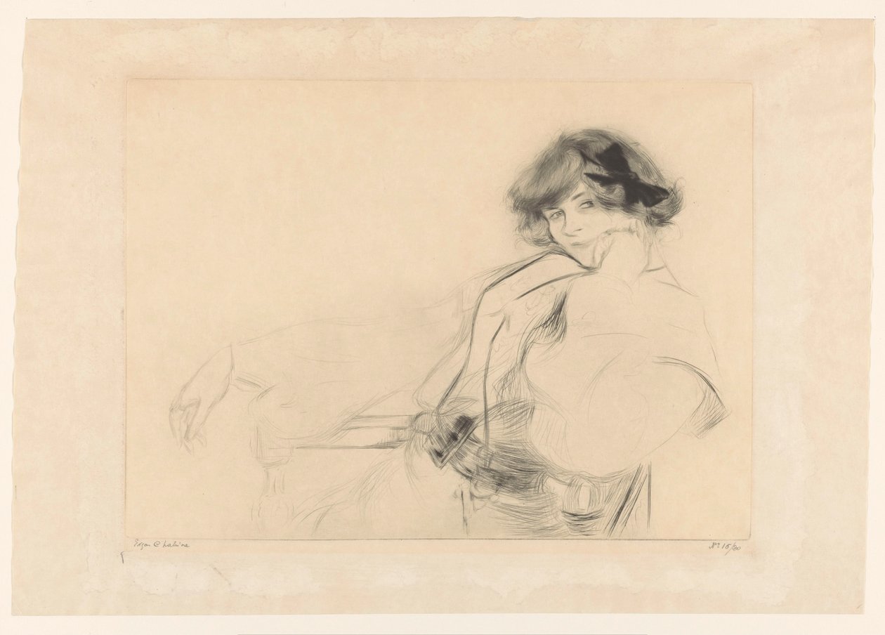 Young Woman with a Bow in Her Hair Sitting on a Chair by Edgar Chahine (signed by artist)