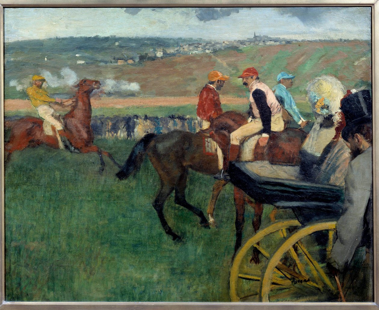 The Racetrack, Amateur Jockeys Near a Car by Edgar Degas