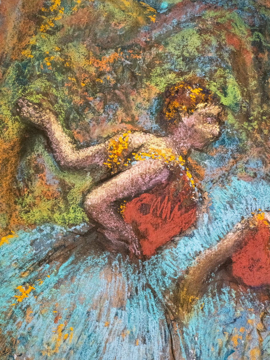 Three Dancers (blue skirts, red corsages) (detail) by Edgar Degas