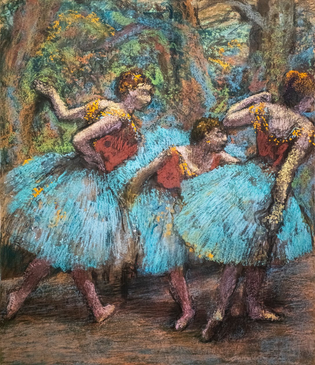 Three Dancers (blue skirts, red corsages) by Edgar Degas
