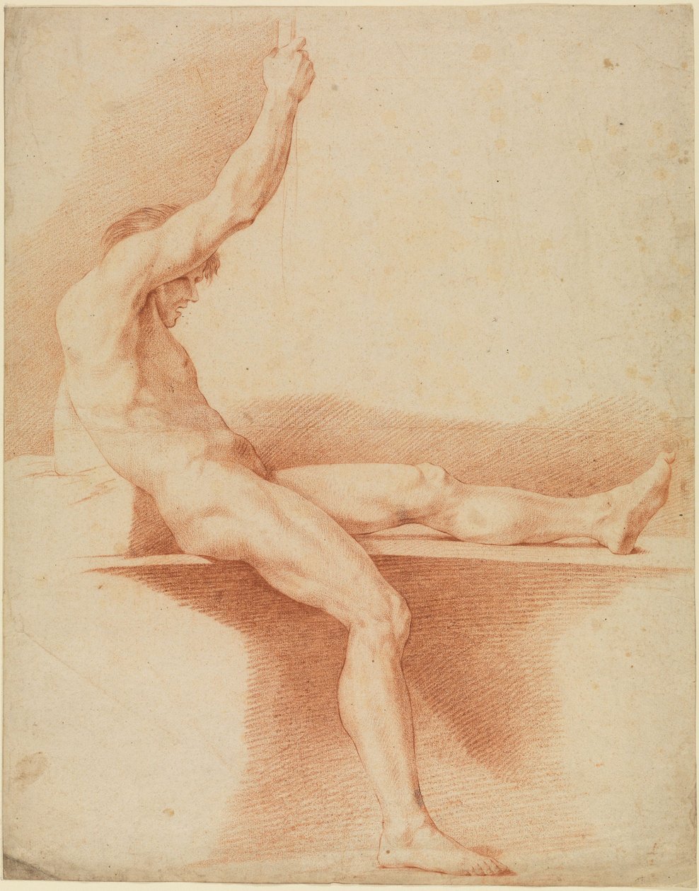 Seated Male Nude Facing Right with Raised Left Leg and Raised Right Arm by Edmé Bouchardon