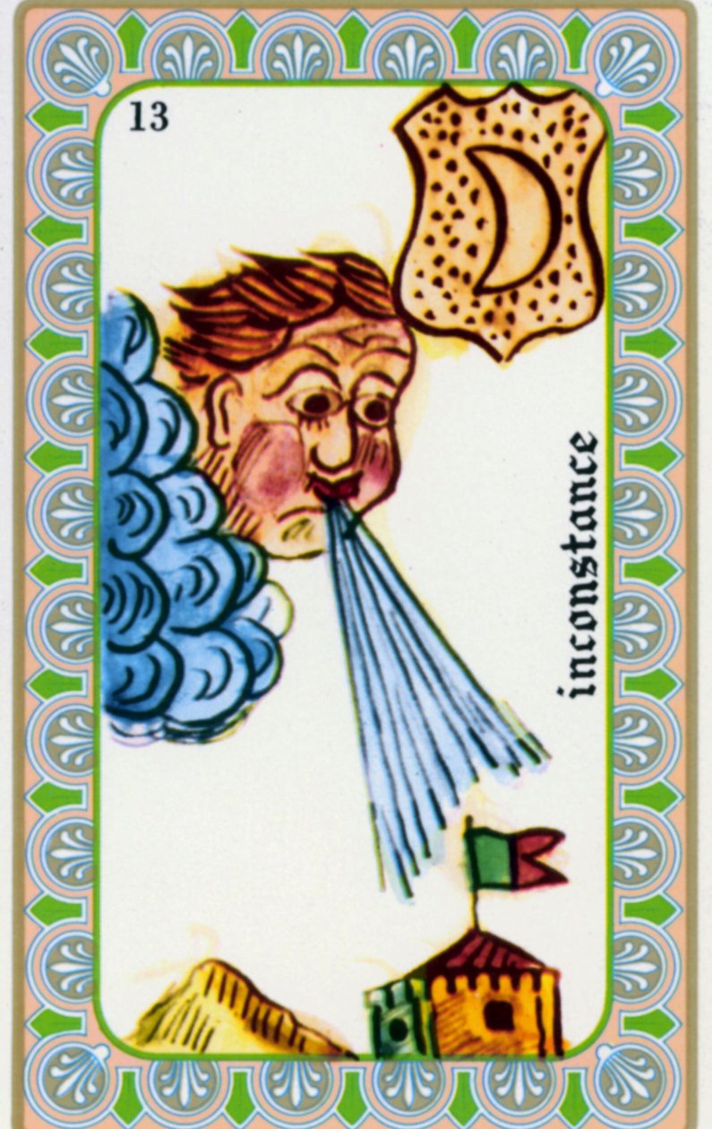 Tarot by Magus Belline drawn by Edmond Billaudot c. 1845 and given to Clairvoyant Belline for Reissue: Card of the Fickleness: Wind is Blowing by Edmond Billaudot