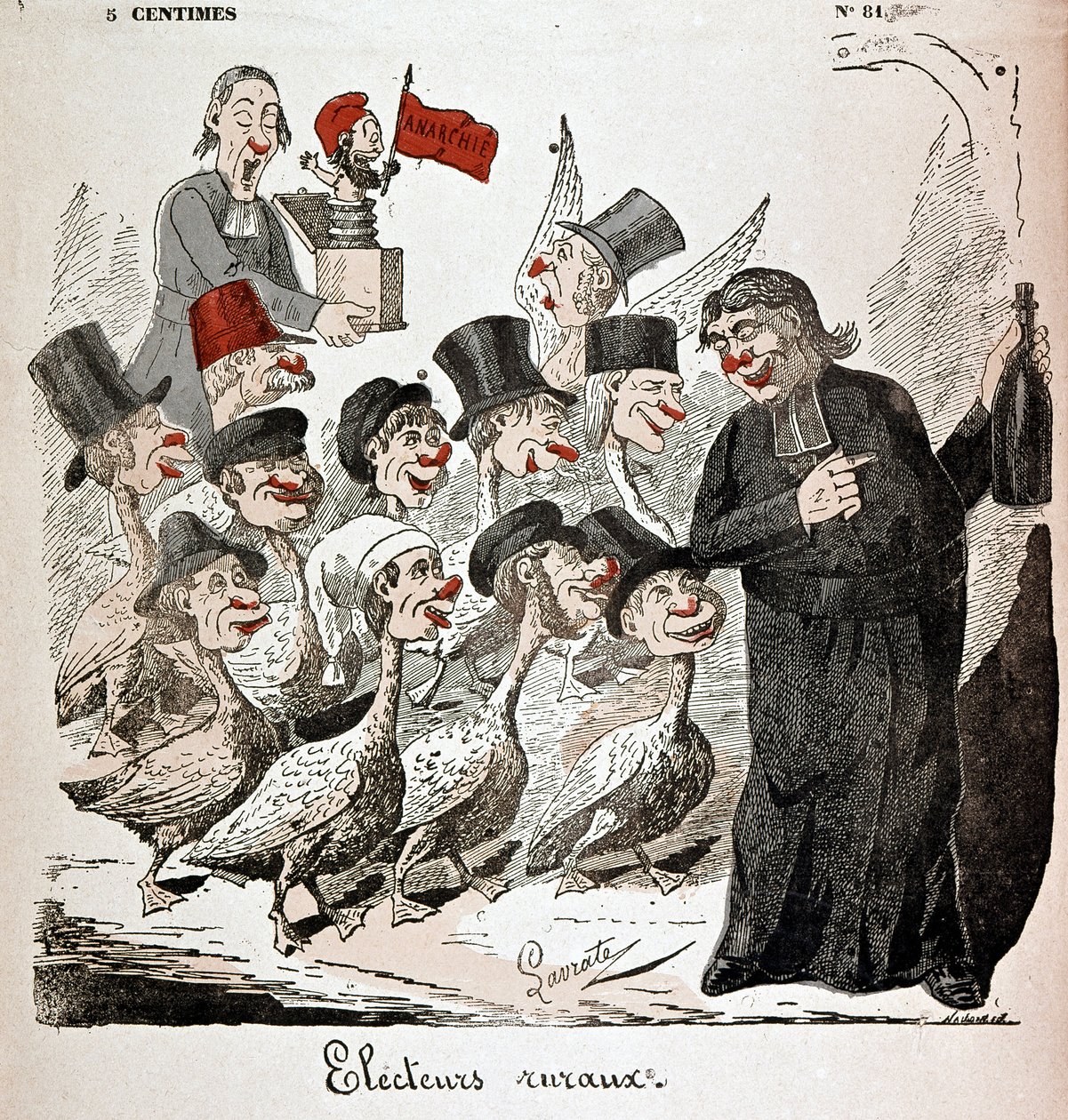 Rural voters: voters represented as geese and attracted by a priest with alcohol - drawing by Lavrate by Edmond Lavrate