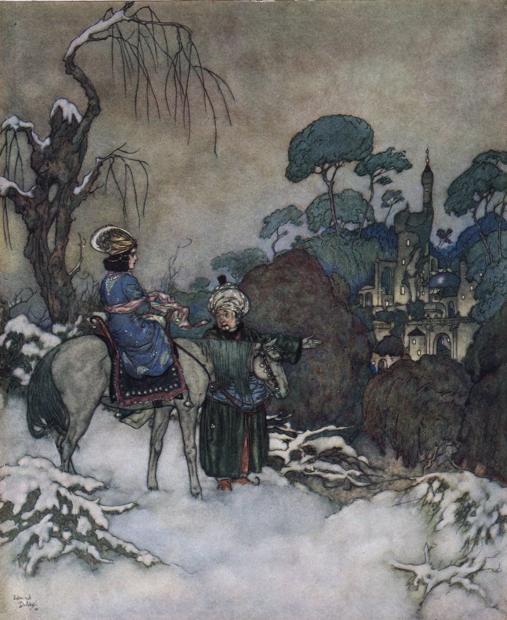 Beauty and the beast: the Belle, having agreed to take the place of her father prisoner of the Bete to liberate him, heads towards the castle, c.1910 by Edmund Dulac