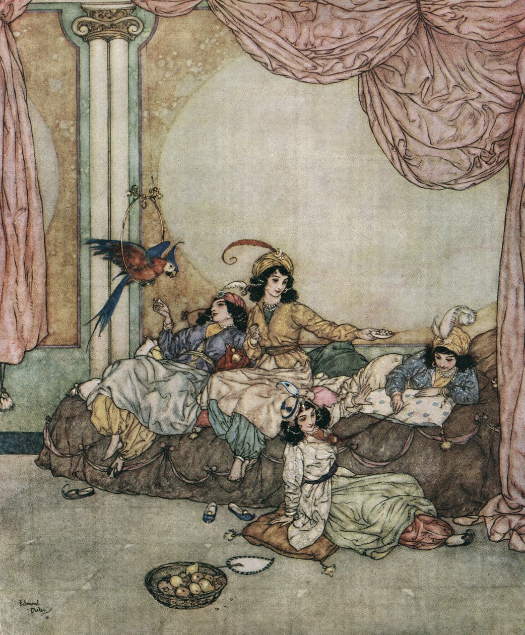 Blue beard: The young wife of Blue Beard, Fatima, invites her friends to her house while her husband is away on a trip c.1910 by Edmund Dulac