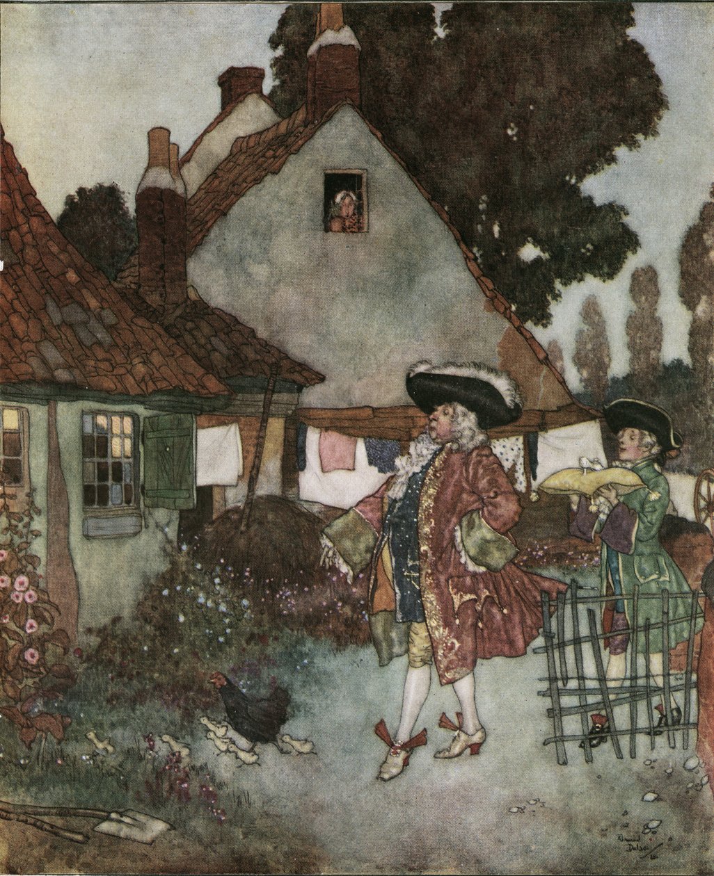 Cinderella: the minister searches in all the cottages and houses of the kingdom for the girl who lost her slipper of vair c.1910 by Edmund Dulac