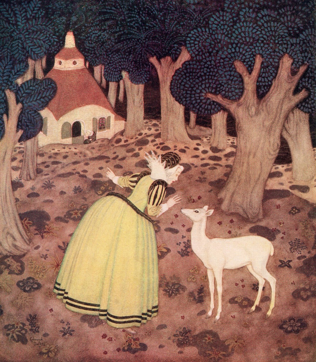 Giroflee thanked the Fairy and went far into the wood; and there, sure enough, she saw a hut and an old woman sitting outside, illustration from the French fairytale The Hind of the Wood, from Edmund Dulac