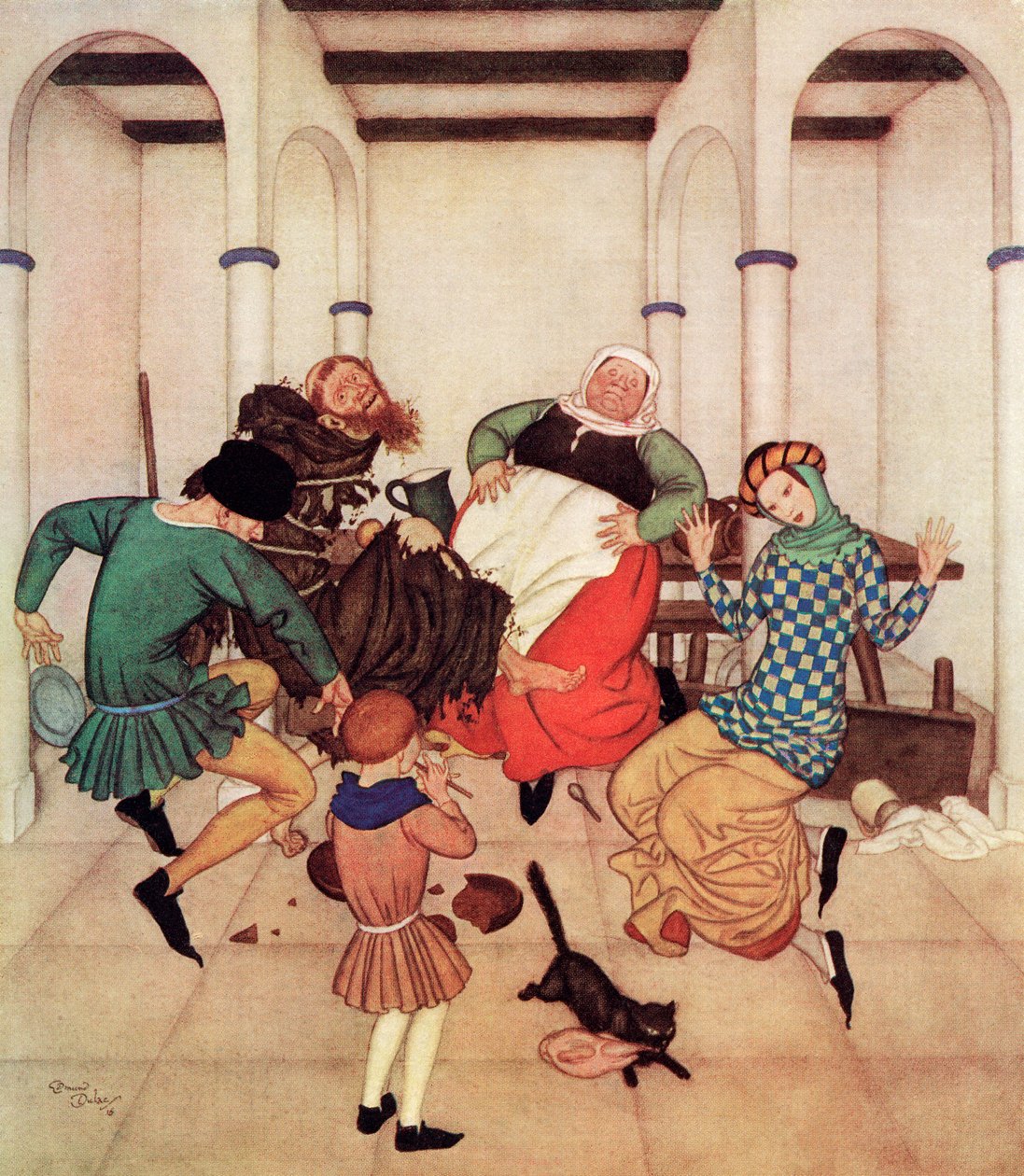 The Friar, Bound Fast to the Post, Squirmed and Wriggled, Showing Plainly That He Would Foot It If He Could, Illustration from the English Fairytale The Friar and the Boy, from Edmund Dulac