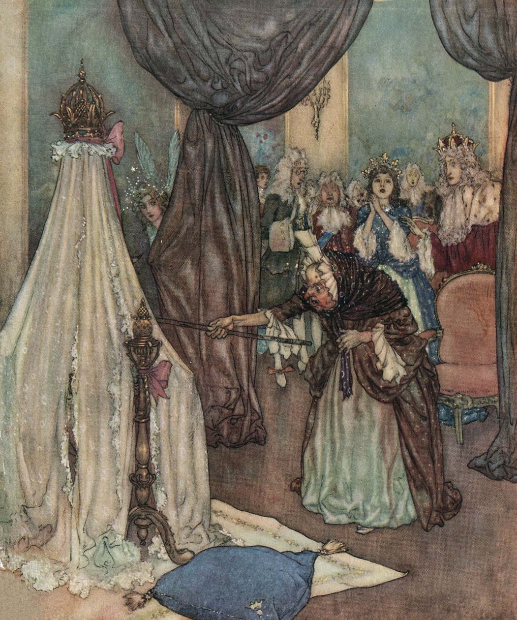 The sleeping beauty: an old fee leans over the crib of the princess and curses her, c.1910 by Edmund Dulac