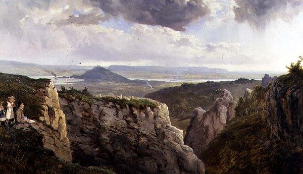 The Elbor Rocks looking towards Glastonbury, with the artist, E.J. Niemann, painted by A.F. de Prades by Edmund John Niemann