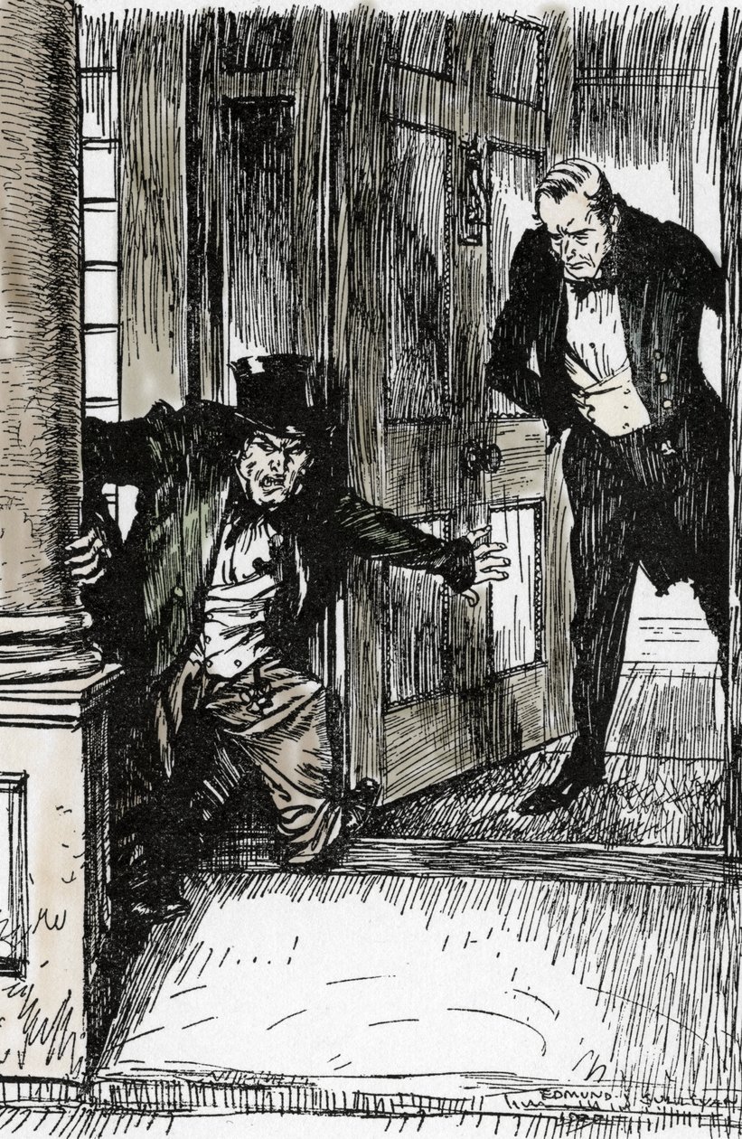 Dr Lanyon opens his door and discovers Mr Hyde in clothes far too big. Illustration by Edmund Joseph Sullivan for the novel 