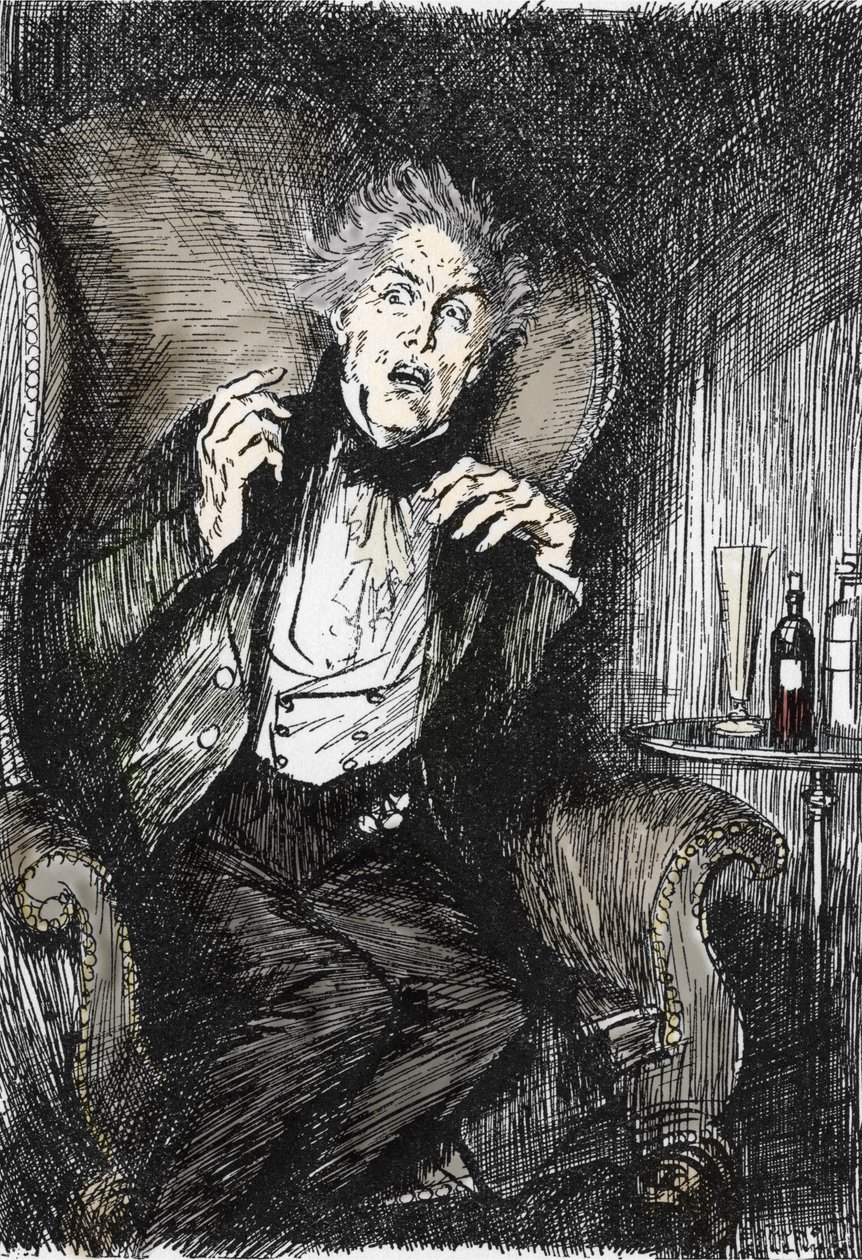 Dr Jekyll in terror during his conversation with Utterson and Enfield. Illustration by Edmund Joseph Sullivan for the novel 