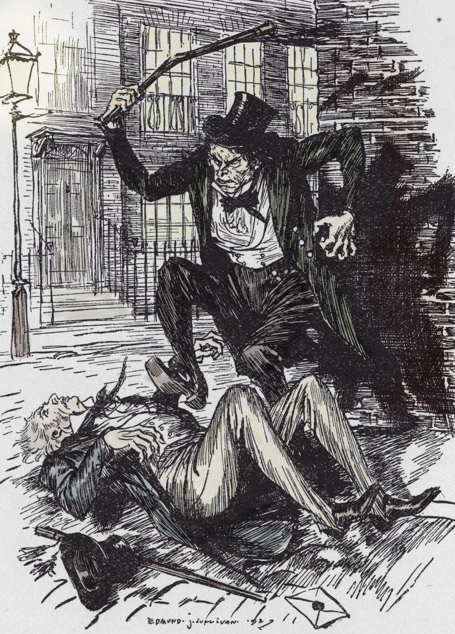 Mr Hyde Clubbing Sir Danvers Carew to Death. Illustration by Edmund Joseph Sullivan for the Novel 