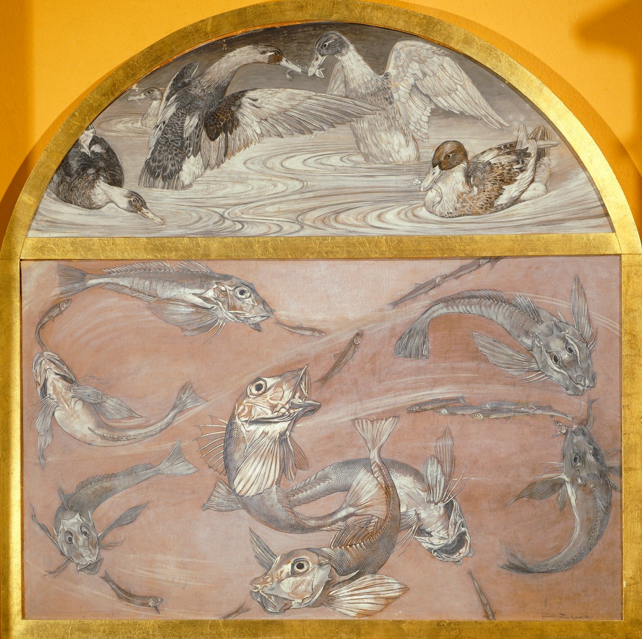 Diptych with fish and ducks in pond by Edoardo Gioja