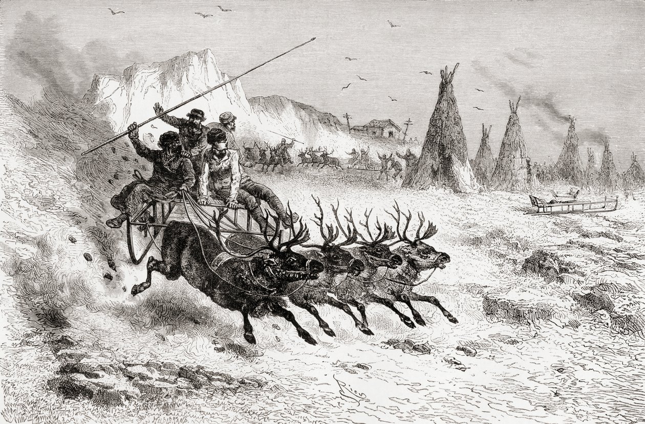 Samoyeds from Caborova on a Sleigh Pulled by Reindeer, 1878 by Edouard Riou
