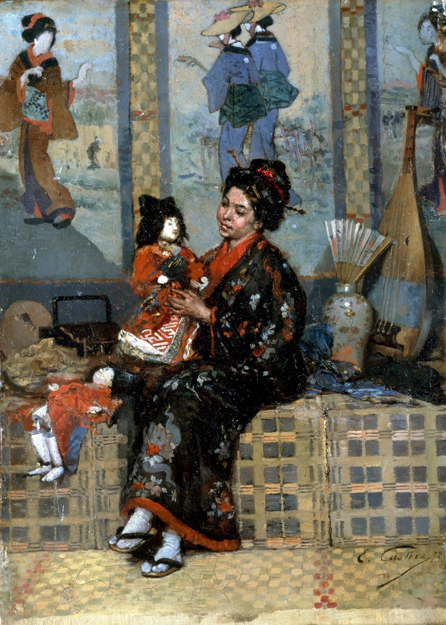 The New Doll. Woman in Kimono with a Porcelain Doll. Influence of Japan and the Far East on European Impressionist Painting. by Edouard Castres