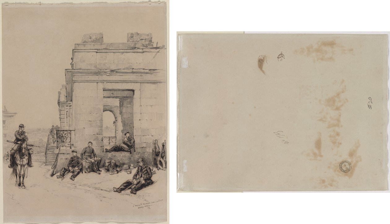 Soldiers Resting (recto) Sketch of a Man with Upraised Arm and Sketch of a Helmet (verso) by Edouard Detaille