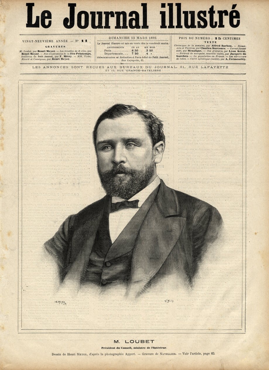 Emile Loubet (1836-1929) in 1892 (president of the council - minister of the interior) - Engraving by Navellier in 