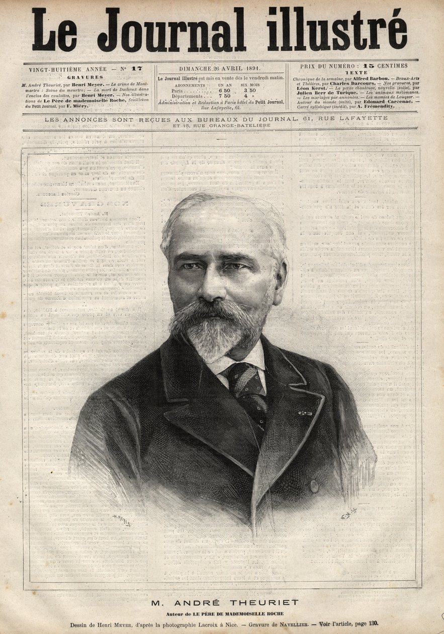 Portrait of Andre Theuriet (1833-1907), French novelist, poet and academician - Engraving by Navellier in 