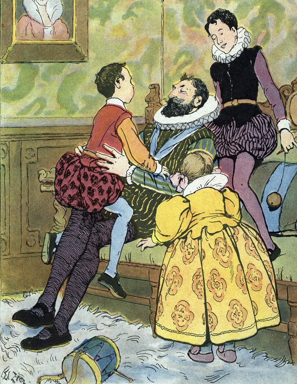 King of France Henri IV playing with his children (1553-1610) Illustration by Edouard Zier in “Nos-Gloriers-Nationales” 1920 Private Collection by Edouard Francois Zier
