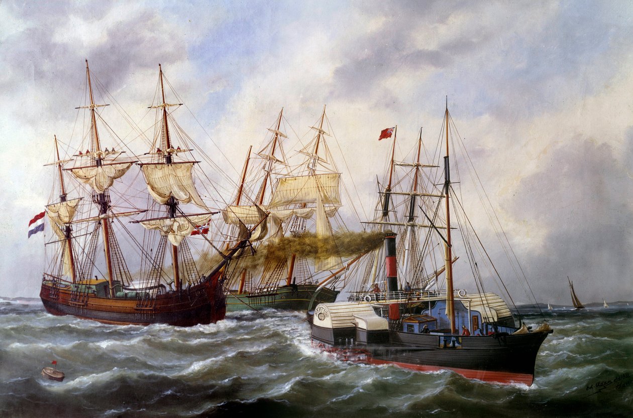 Two Three-Masted Ships by Le Neptune at Le Havre in 1882 by Edouard Marie Adam
