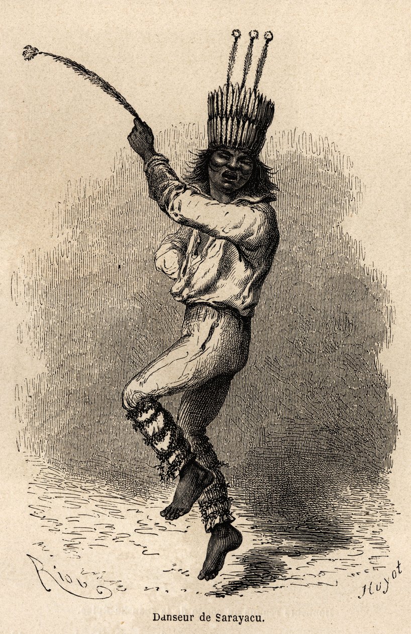 A dancer in Sarayacu (Peru). Engraving in Le tour du monde, edited by Edouard Charton by Edouard Riou