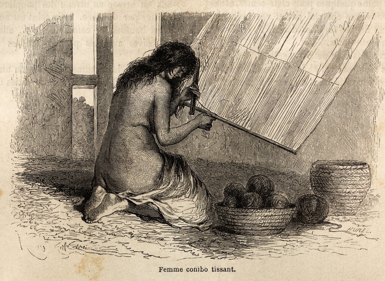 An Indian Conibo from Peru weaving by Edouard Riou