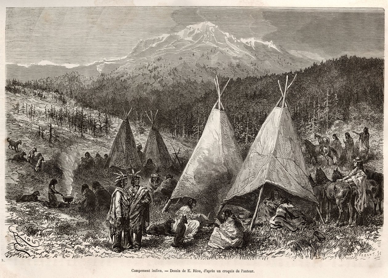 An Indian camp, in Utah territory, on the banks of the Riviere Verte (engraving after the drawing of E. Riou, to illustrate the story 