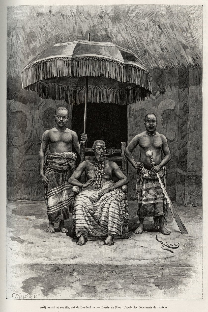 Ardjoumani (died 1892) and his sons, king of Bondoukou (Ivory Coast). Engraving by Riou, to illustrate the story 
