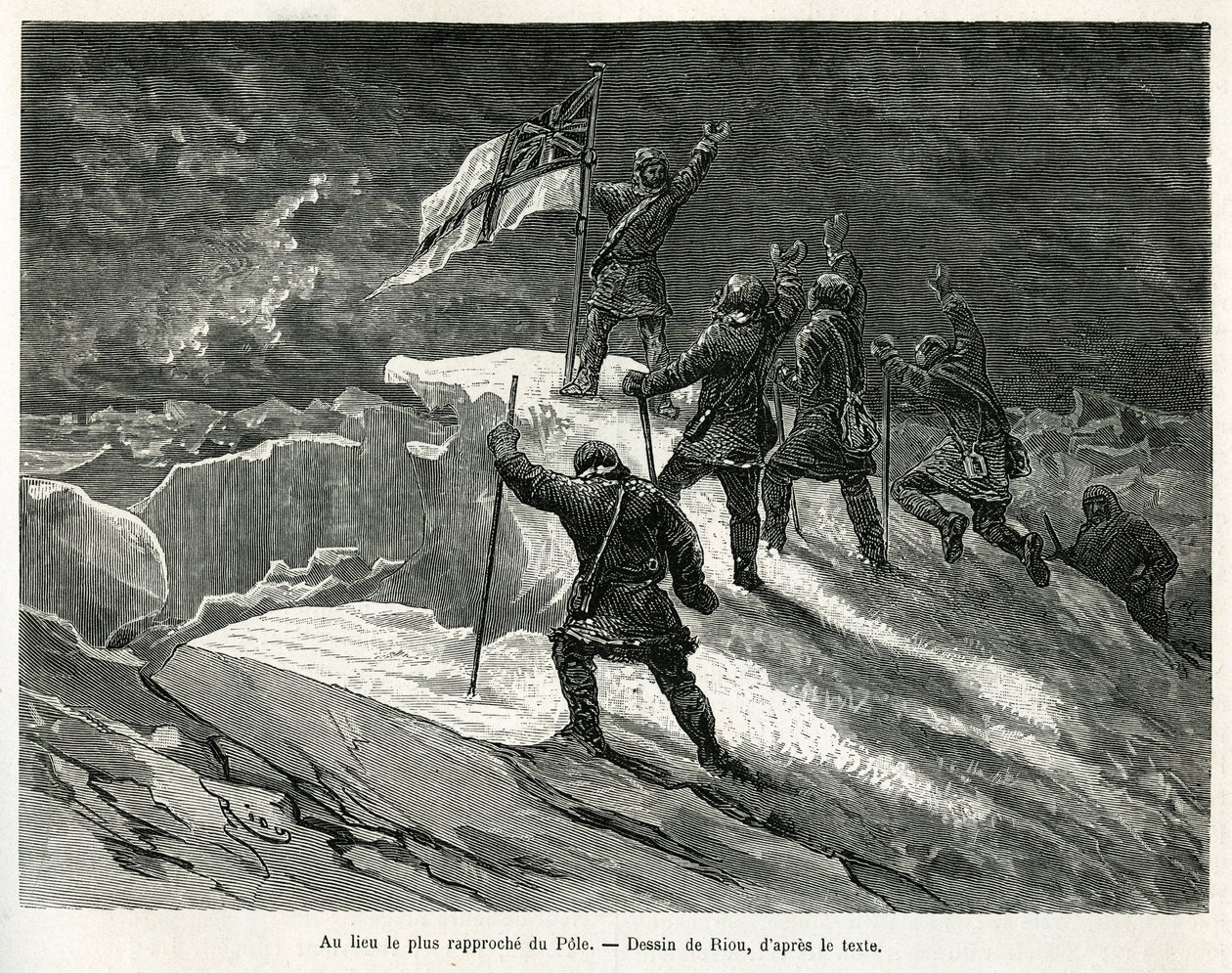 Captain George Strong Nares (1831-1915) planted the British flag at the place closest to the pole (drawing by Riou, to illustrate the story of a voyage to the polar sea in 1875-1876 by Captain G. S. Nares. Engraving in 
