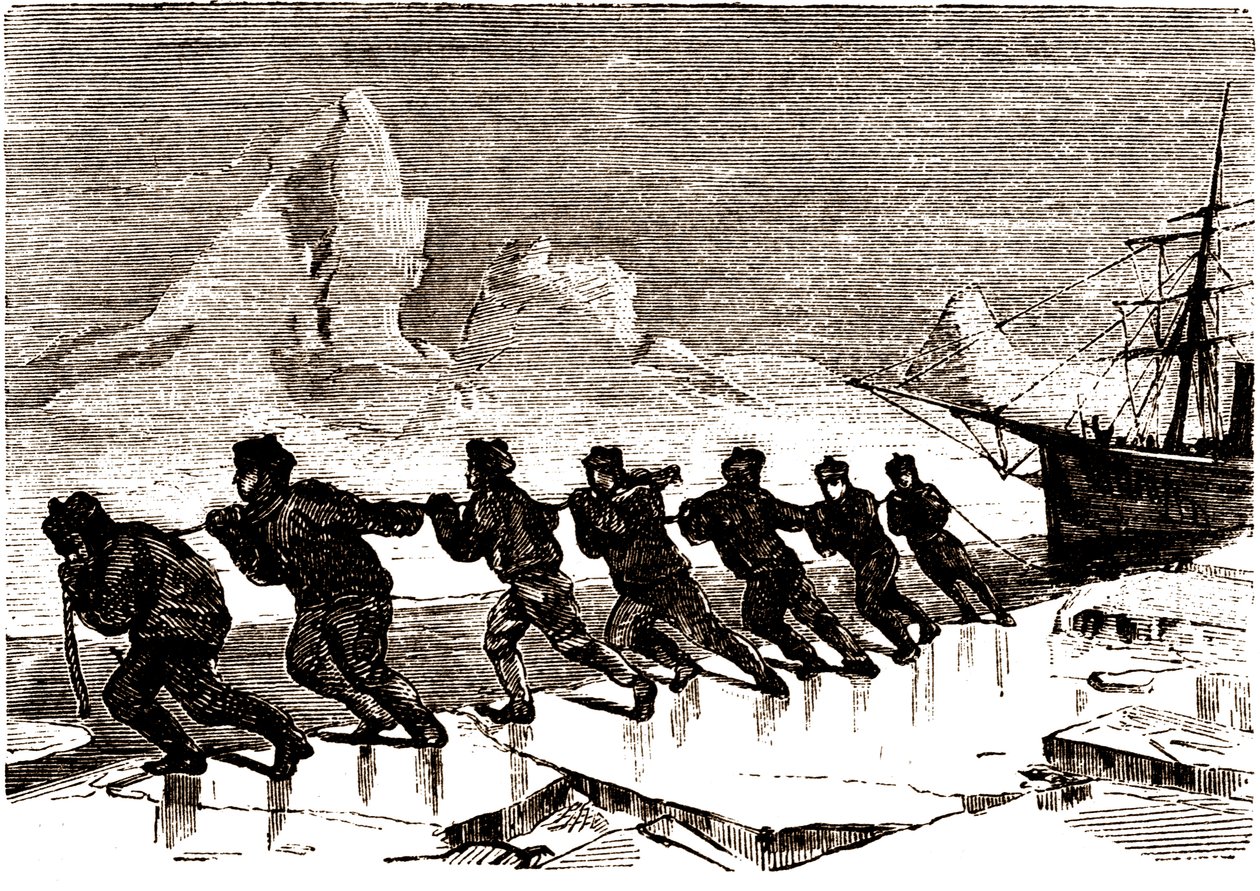Crew of sailors pulling a sailboat on an ice floe by Edouard Riou