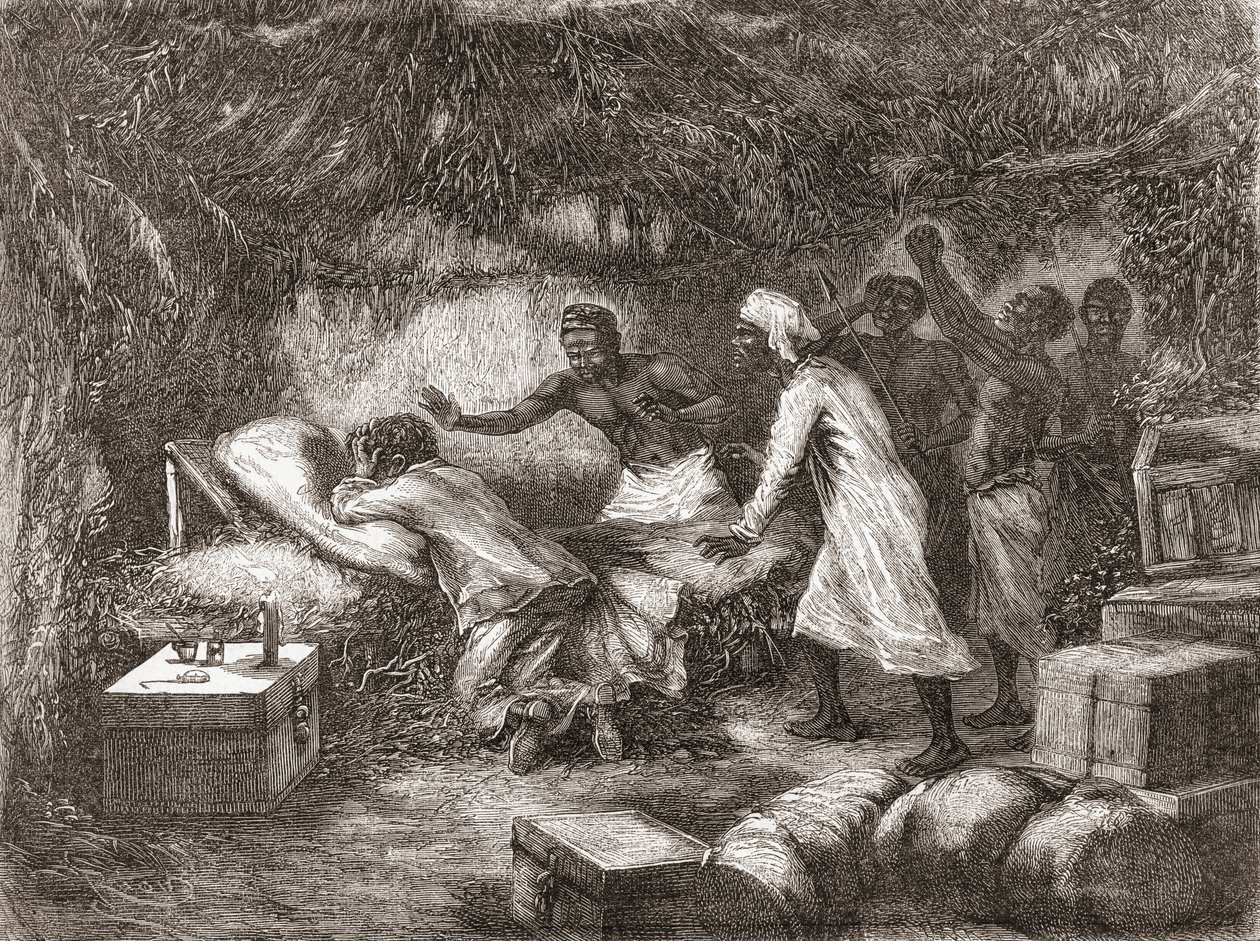 Death of Dr. Livingstone in the village of Tchitammbo, Africa, in 1873, illustration from "The World in the Hands", published 1878 by Edouard Riou