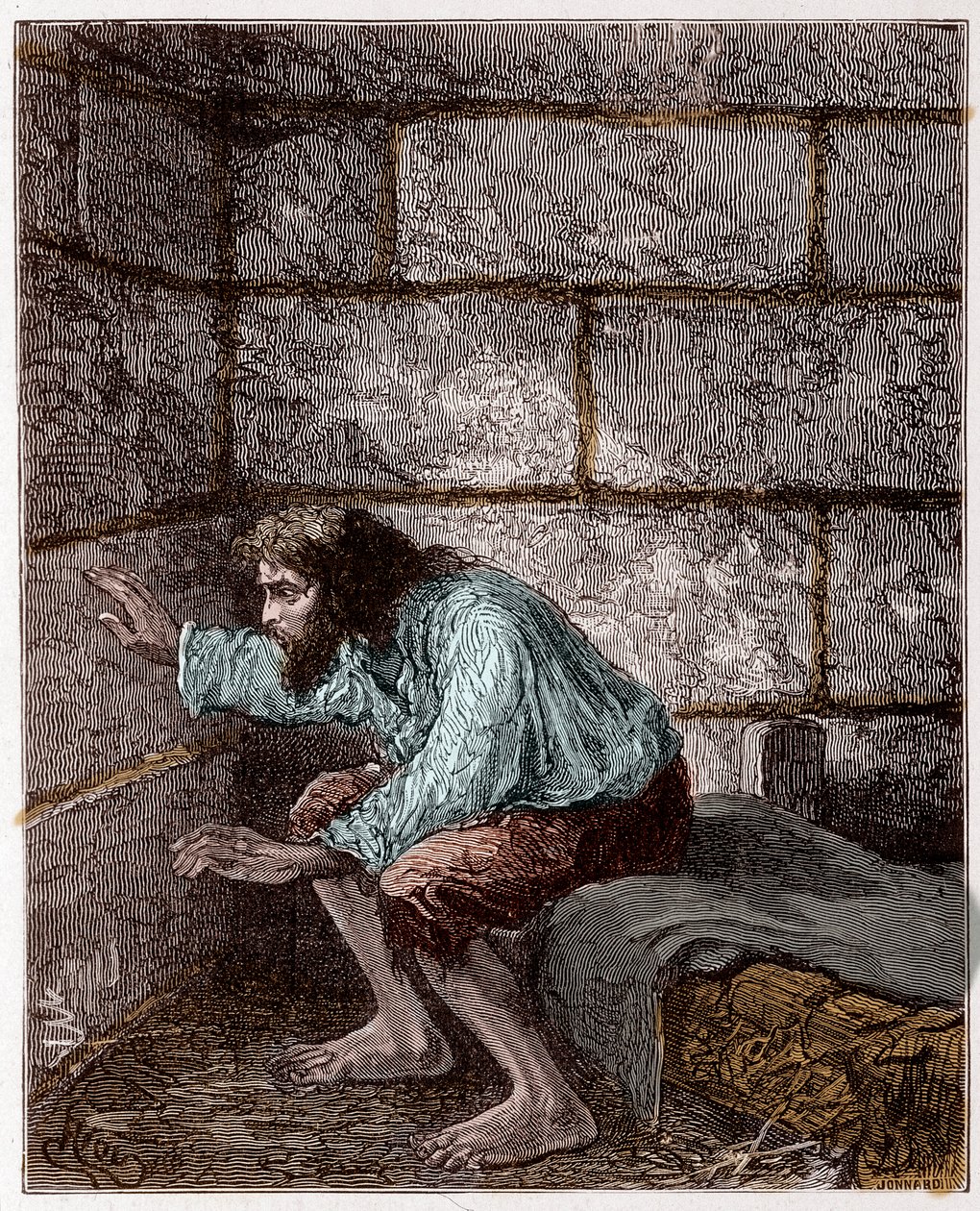 Edmond Dantes, aka the Count of Monte Cristo in his prison - Engraving by Riou, in 
