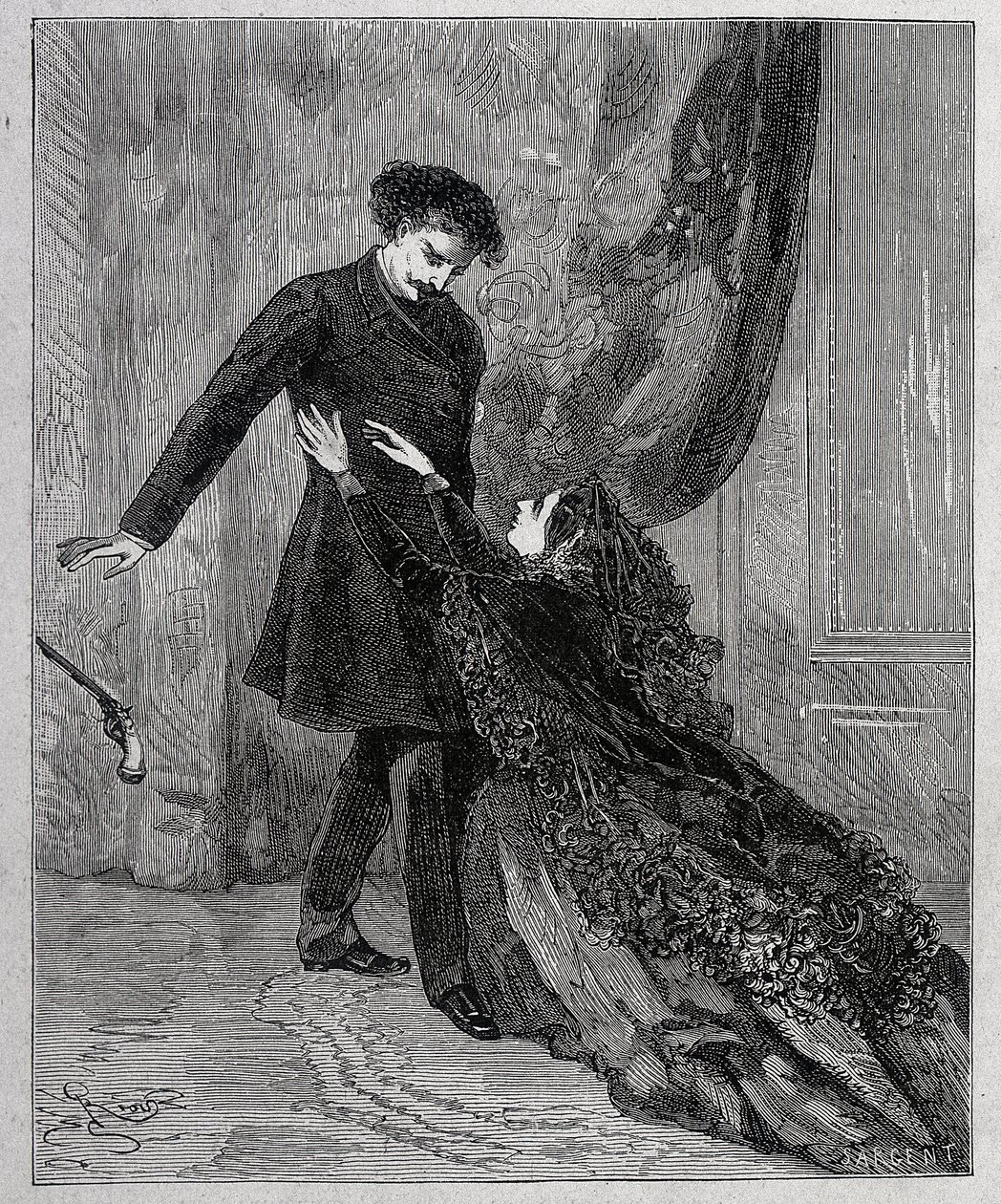 Edmond Dantes and Mercedes - Engraving by Riou, in 